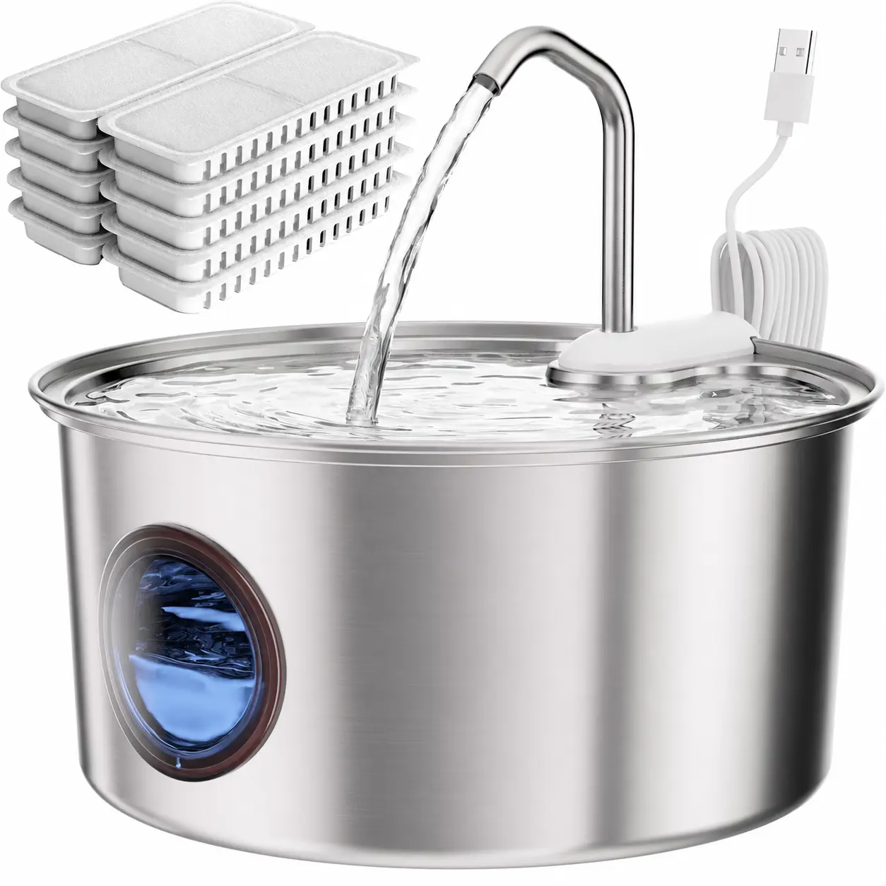 Cat Water Fountain, 108oz/3.2L Automatic Cat Water Fountain Stainless Steel with Visible Water Window, Includes 3 Filters, Pet Water Dispenser for Cats, Dogs and Multi-Pet Household