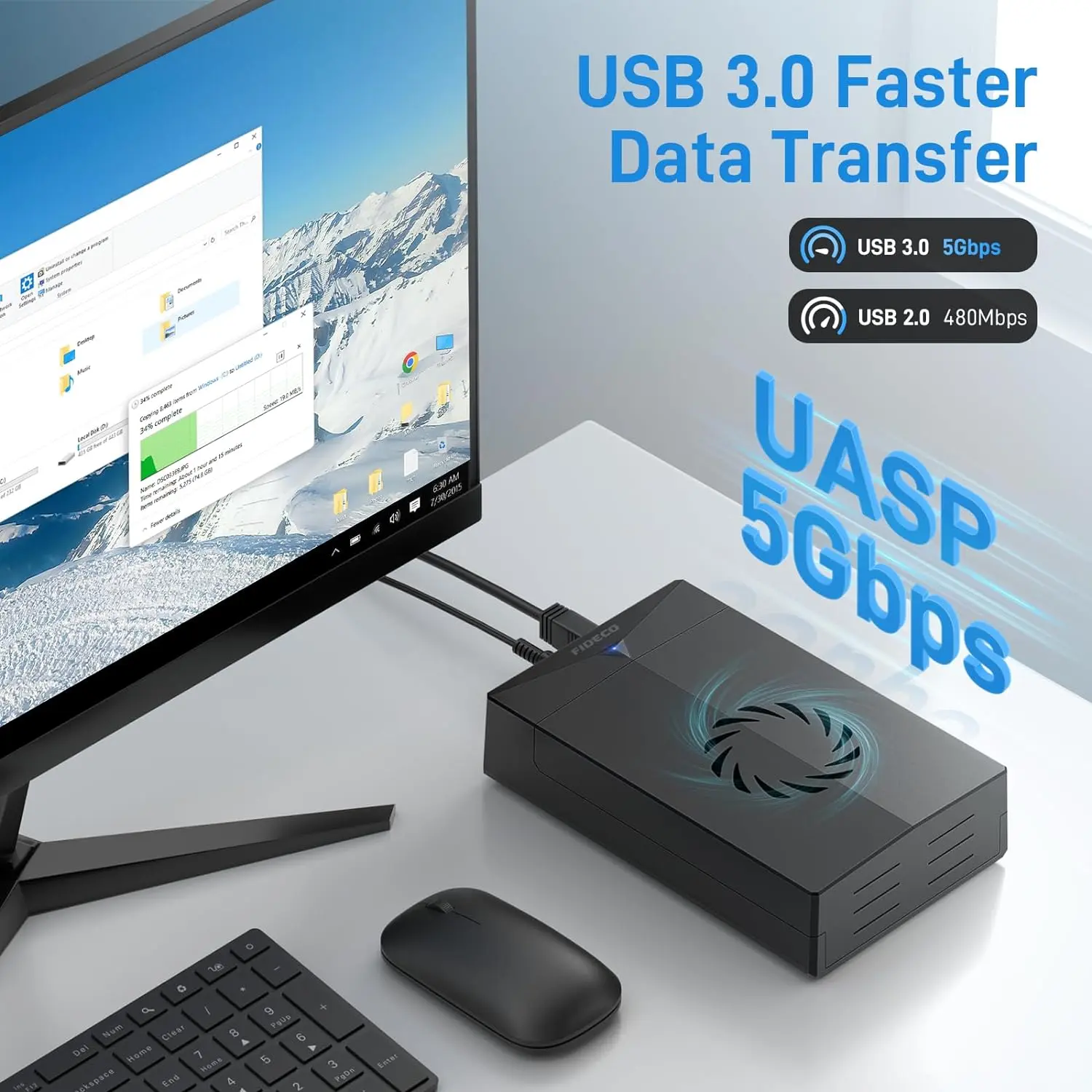 FIDECO Hard Drive Enclosure, USB 3.0 to SATA Hard Drive Docking Station for 3.5 or 2.5 inch SATA HDD SSD with Cooling Fan, 12V Power Adapter Included, Support UASP
