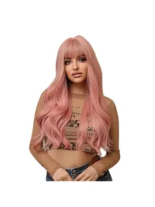 Pink Long Curly Wig with Bangs - Body Wave High-Temperature Fiber Hair, Elegant Lace-Up Closure, Stylish Layered Hairpiece for Casual & Formal Outfits, Versatile Hairpiece, Sophisticated Style, Secure Fit Wig, Wavy Synthetic Hairpiece