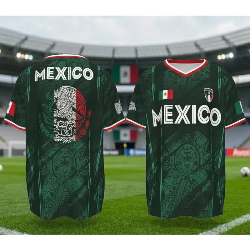 2026 Mexico Soccer Jersey, Chichén Itzá Pyramid Graphic Retro Soccer Jersey, All over Print, Casual Style for All Seasons, Classic Throwback Jersey Sportswear Top