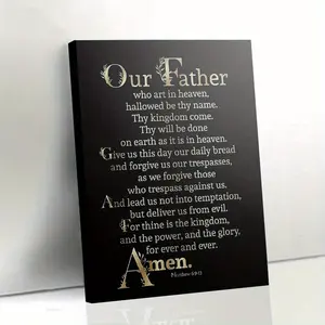 1 Piece Framed Canvas Wall Art - Elegant Gold Font "Our Father" Prayer (Matthew 6:9-13) on Black Background, Wooden Frame, Ready-to-Hang Spiritual Home Decor, Suitable for Living Room, Bedroom, Prayer Space, Inspirational Wall Decoration, Decorative Font