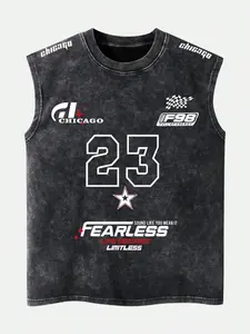 Men's Washed Vintage Effect Casual Minimalist Racerback Tank Top, Chicago Print, Number 23 & Star Graphics, Spring Summer