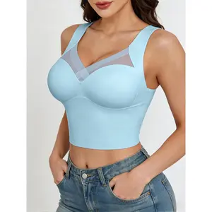 Women's Luxury Seamless Longline Bra | Sophisticated Mesh Plunge V-Neck Wirefree Bralette | Premium Smoothing Shapewear Crop Top with Built-In Support | Elegant Wide Strap Push Up Everyday Camisole | Invisible High-End Basics