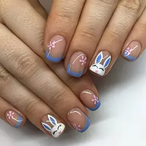 Short French Blue 24-Piece Nail Tips, Simple Bunny Easter Wearable Nails, Reusable False Nails, Convenient for Daily Use, Parties, Travel, Handmade Press ons