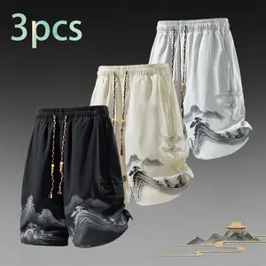 Men’s summer Chinese-style landscape painting shorts — casual, lightweight, breathable ice silk, cool sensation, mid-thigh length