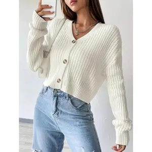 Women's Plain Button Front Drop Shoulder Cardigan, Casual Solid Long Sleeve V Neck Knitwear for Fall & Winter, Women's Clothing for Daily WearGiftGift