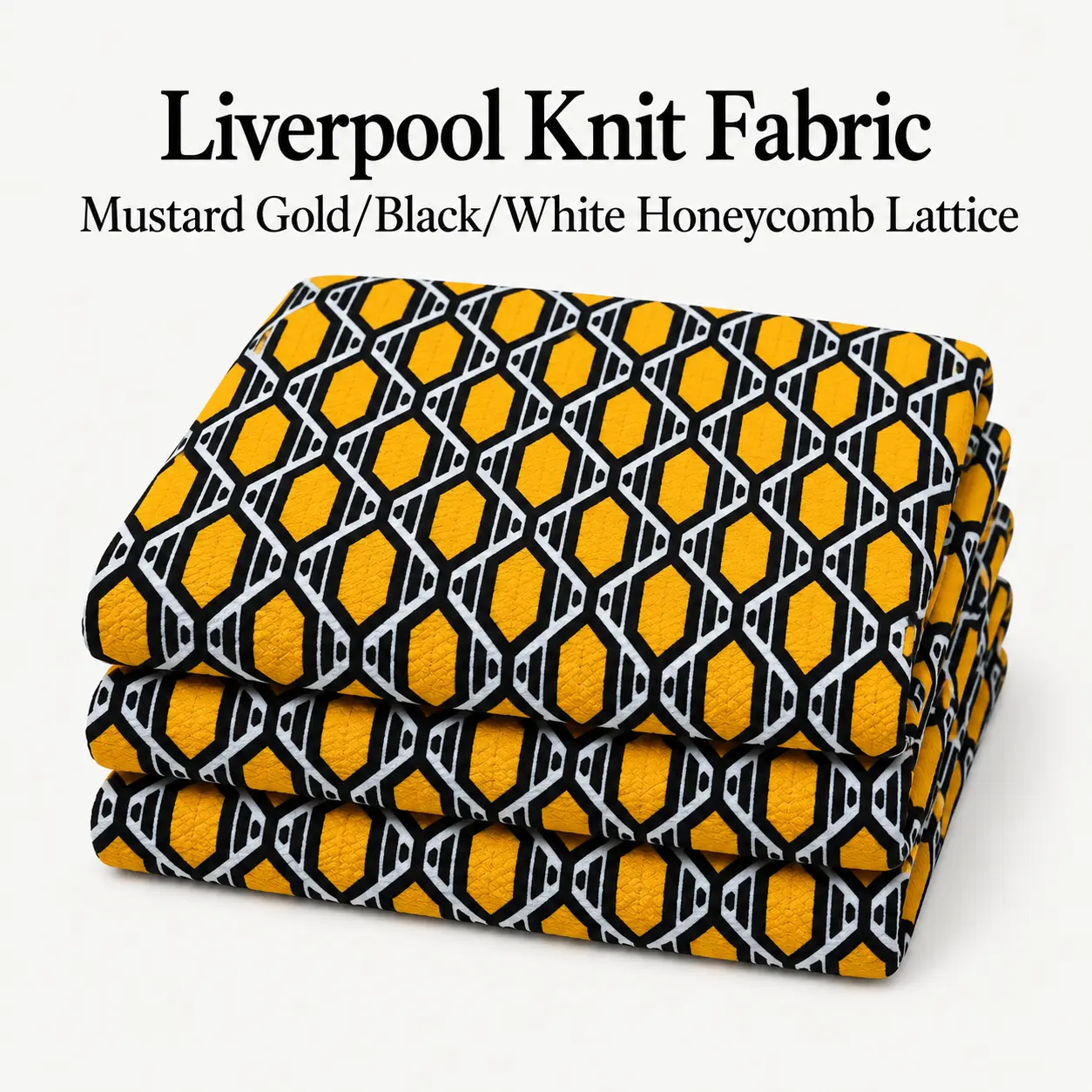 Liverpool Knit Fabric, Mustard Gold Black White Honeycomb Lattice, 4-Way Stretch Apparel Fabric, 56 in, 200 GSM, Sold by the Yard