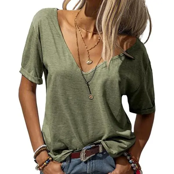 Goranbon Women's Soft Rayon Denim-Spandex Fabric Lightweight Short-Sleeve Deep V-Neck Loose Solid Casual Basic Top T-Shirt - V-Neck Elegance, Bend & Stretch Skinny Streetwear