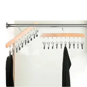 10 Clips Wooden Hanger, Space Saving Organizer for Leggings Pants Scarfs Closet Storage