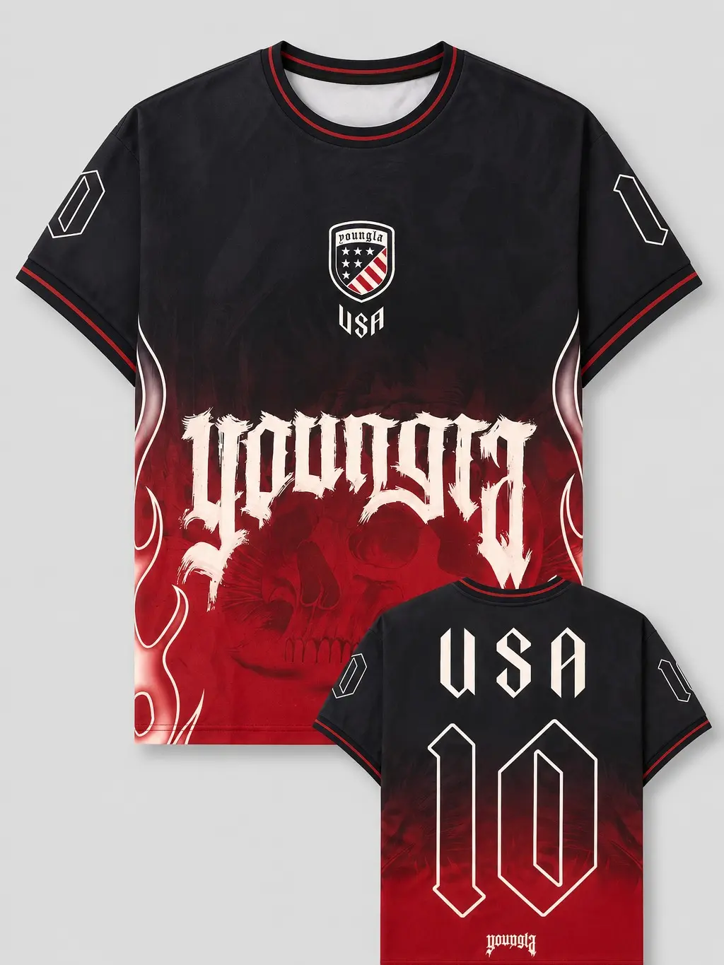 USA Number 10 Soccer Shirt, Gothic Skull Football Fan Tee, USA Supporter Jersey Style T-Shirt, Black Red Sports Apparel
