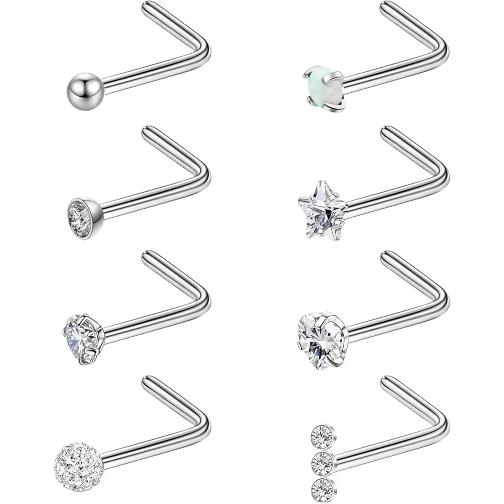 8PCS Titanium Nose Ring Studs L Shaped 20g Titanium Nose Rings for Women Men CZ Star Heart Nose Piercing Studs Pure Titanium Nostril Piercing for Sensitive Skin