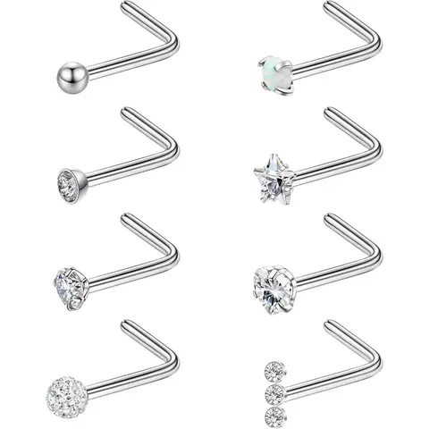 Women's 8PCS 20g Pure Titanium L-Shaped Nose Ring Studs - CZ Star, Heart Designs for Sensitive Skin Nostril Piercing Jewelry (Holidays, Mother-Daughter Gifts, Exercise)