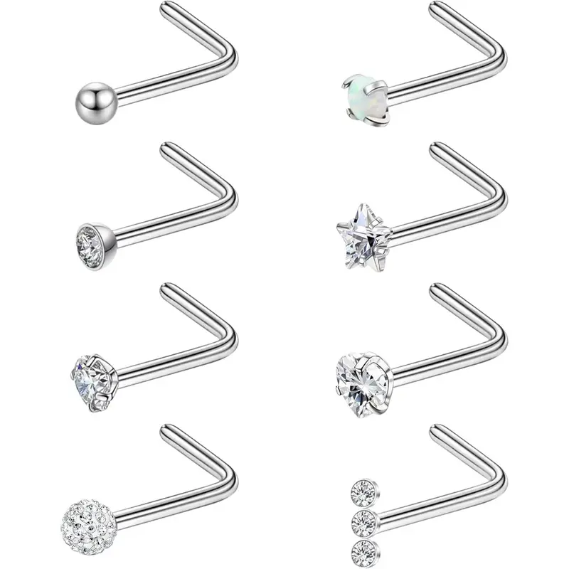Women's 8PCS 20g Pure Titanium L-Shaped Nose Ring Studs - CZ Star, Heart Designs for Sensitive Skin Nostril Piercing Jewelry (Holidays, Mother-Daughter Gifts, Exercise)