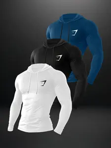 Men's Long Sleeve Hooded Compression Shirts, Multi-Color Quick-Dry Athletic Gym Tops for Training & Fitness