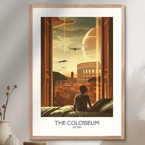 Retro Futurism Rome Poster, Colosseum Sci-Fi Travel Print, Classic Mid Century Wall Art, Sophisticated Italian Decor, Unframed Print Only