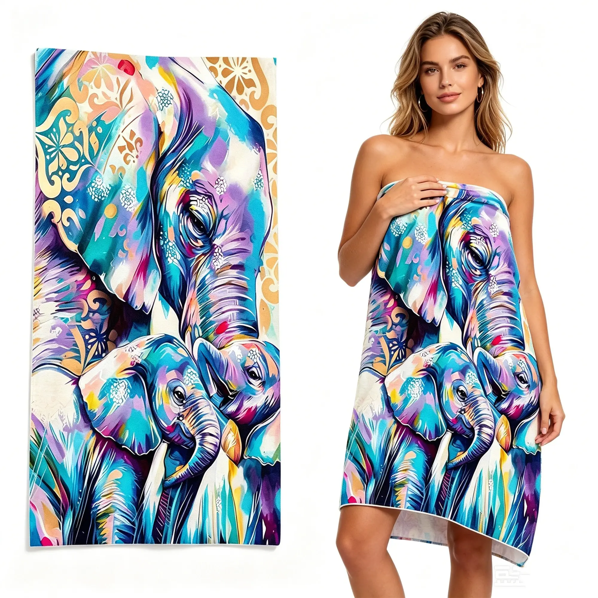 Boho Elephant Print Beach Towel, Super Absorbent Quick Dry Sandproof, Adult Outdoor Swimming Sports Towel, Portable Large Towel for Beach Vacation