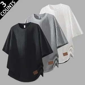 3-Pack Textured Crew Neck T-Shirt Bundle, Cable Knit Embossed Pattern, Small Leather Patch Detail & Relaxed Silhouette, Lightweight Breathable Fabric, Ideal For Casual Outings, Everyday Errands & Summer Social Events