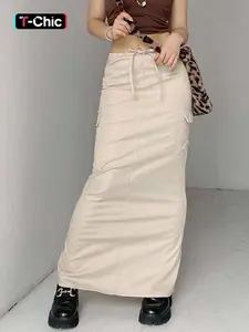 GILIPUR Women's Beige Low Rise Cargo Maxi Skirt, Y2K Vintage Drawstring Ruched Long Skirt with Multi Pockets, Casual Streetwear Utility Skirt for Summer, Outdoor & Daily Wear TChic Fit
