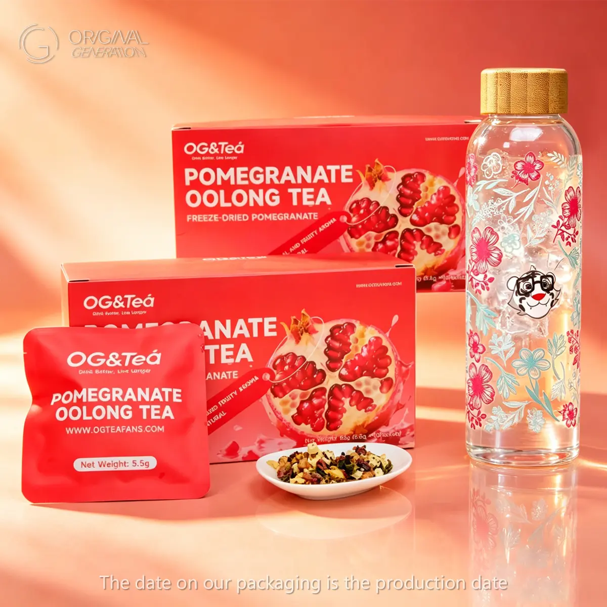 Bogo Pomegranate Oolong Tea 2 Cartons(1 Carton 55g 5.5g×10packs)×2 With Color Changing Glass Water Bottle Oolong Tea Snow Pear Pomegrante Apple Hibiscus Dragon Fruit