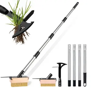 2 Crack Weeder Tool Set—5.1in Extended Metal Crevice Weeding Brush & Multi-Blade L-Shape Manganese Steel Scraper,Weed Puller Moss Remover Tool for Weeding Between Concrete Pavers Decks Long Handle
