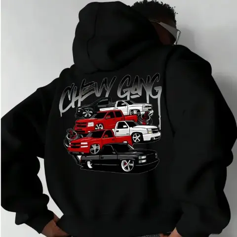 Men's Vintage Cotton Chevy Gang Graphic Hoodie - Crew Neck, Old School Classic Truck Themed Clothing, Casual Menswear Top, Gift for Him