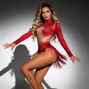 Women's Fitted Red Rhinestone Fringe Latin Dance Bodysuit - Long Sleeve High Neck Sheer Mesh Women Clubbing Clothes for Stage Performance, Nightclub Rave