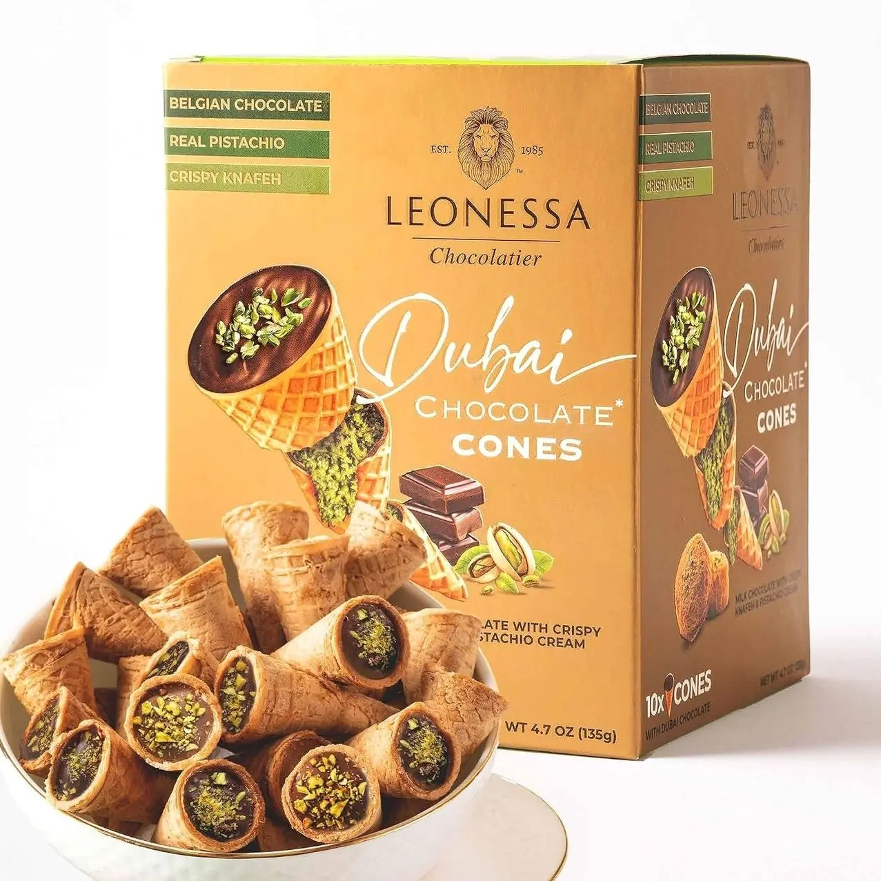 Leonessa Dubai Chocolate Cones with Pistachio Kunafa | Made with Premium Belgian Chocolates | Kunafa Chocolate | Chocolates de Dubai - 4.7 oz