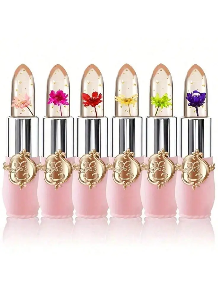 Crystal Flower Jelly Lipstick Pack of 6 Long Lasting Nutritive Lip Balm with Cocoa Butter & Bees Wax Pink Color Changing Lip Gloss Makeup Hydrate Cosmetic Moisturizer Waterproof Smooth Moisture