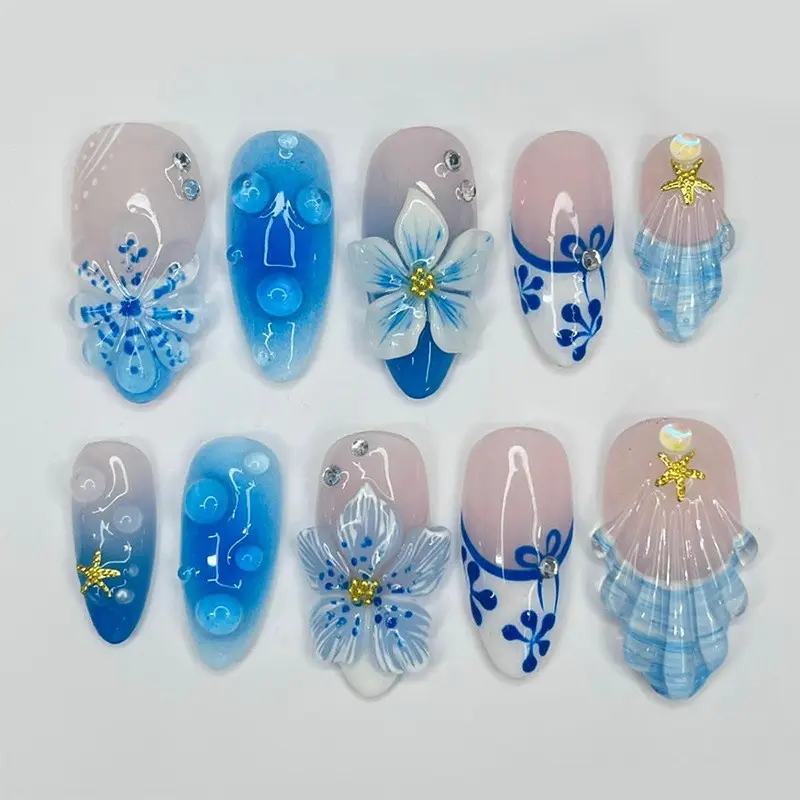 30pcs Almond Shape Nails, Summer Medium-Length French Tip Beach Nails, Perfect Fit False Nails Set, Includes Jelly Glue & Nail File
