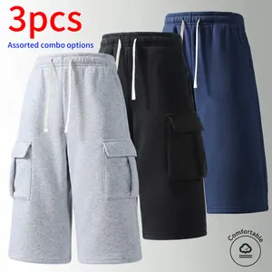 Pack of 3. Men’s 3/4 shorts: cargo shorts with side pocket accents, drawstring waist; running shorts; casual shorts; summer minimalist solid colors that are easy to match; suitable for daily commuting and work; men and women can wear them. Light gray