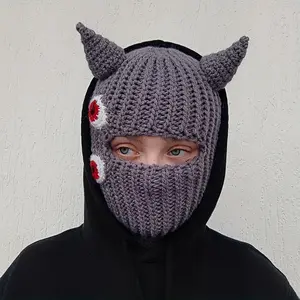 Y2k Retro Halloween Horned Ski Mask - Parent- Costume Matching Hats, Stretchy Party mask with Elastic Band, Multi-color options (Black/Red/Blue/Pink/Beige/Gray/Purple/) - Hand Washable for Adults & s - Perfect for Halloween Costumes & Themed Parties, Hall
