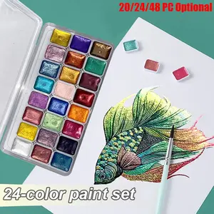 Metallic Pearlescent 24 Colors Solid Watercolor Paint Set with Portable Box for Painting,Writing,Decoration for Adults,Artists, DIY Painting Supplies, Art Materials