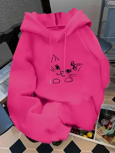 Women's Casual Fashion Trendy Loose Fit Hoodie with Cat Print, Comfortable and Stylish Sweatshirt for Fall & Winter