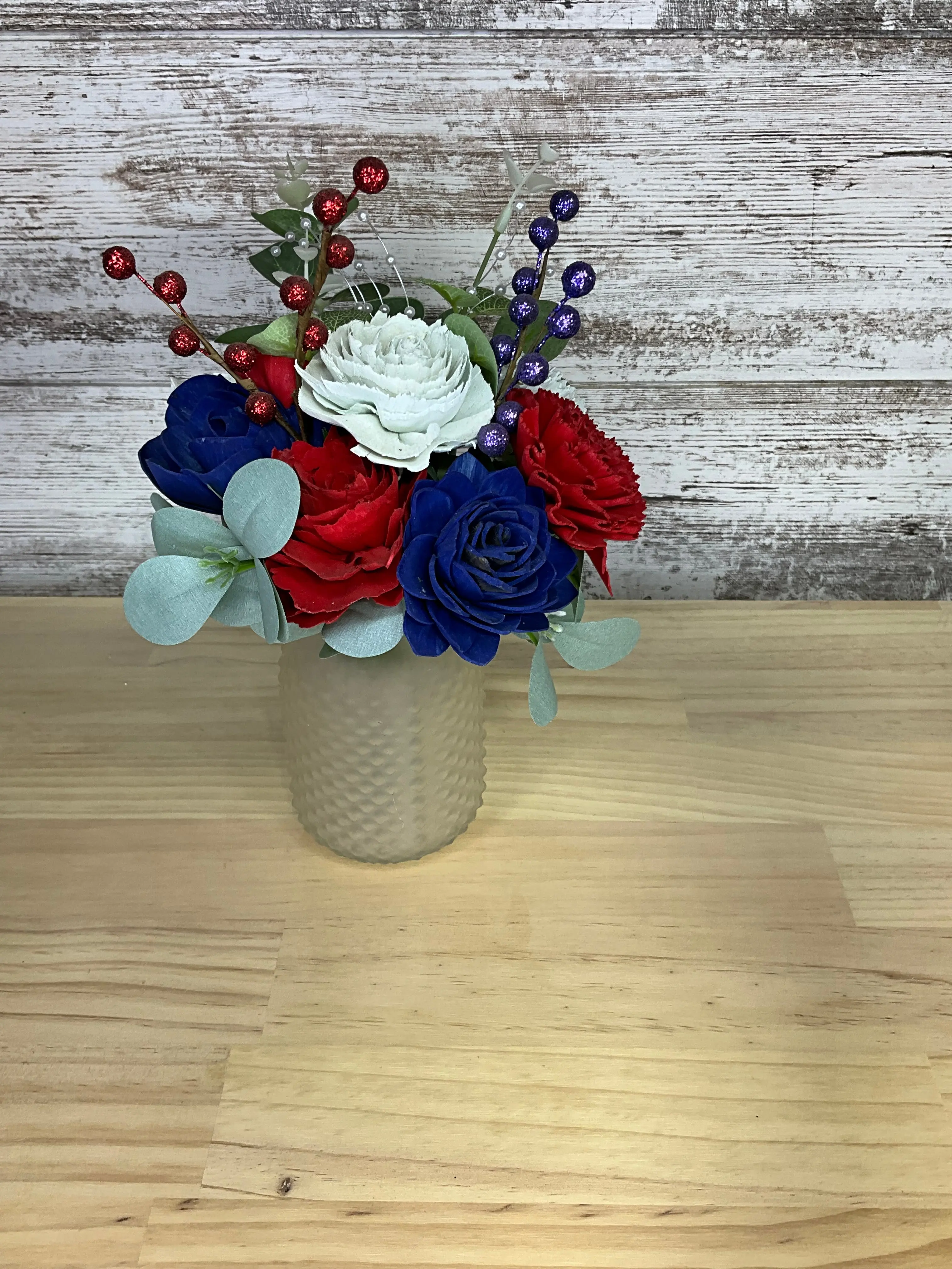 Patriotic Red, White & Blue Drop-In Wooden Sola Flower Bouquet with Glass Hobnail Frosted Jar, Featuring Mum, Berry & Peony Accents, Eucalyptus, Decor