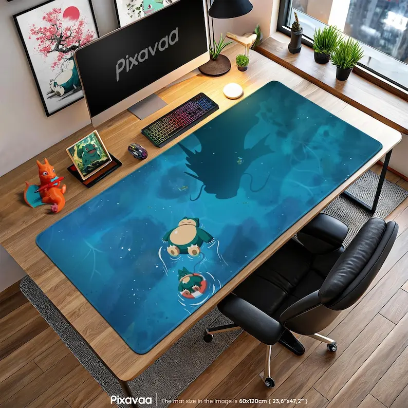 Snorlax Relaxing Mouse Pad - Floating Pokémon Scene with Gyarados Shadow, Gaming Desk Mat, Anime Decor Gift
