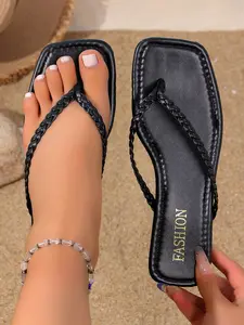 Summer New Soft Sole Square Toe Flip Flops, Woven Strap Anti-Slip Sandals, Outdoor Beach Shoes for Women, Comfortable and Stylish, Footwear for Beach
