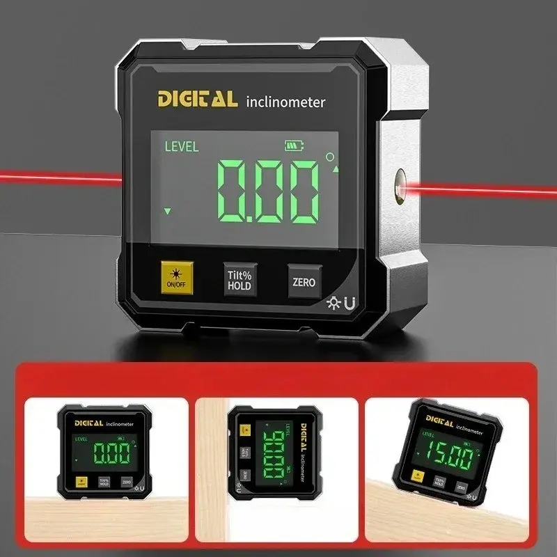 Digital Angle Finder with Electronic Laser - 4-side Strong Magnetic Angle Gauge, Cube Inclinometer with Backlight, Table Saw Miter Protractor, Woodworking Measuring Tool, Level Box for Hanging