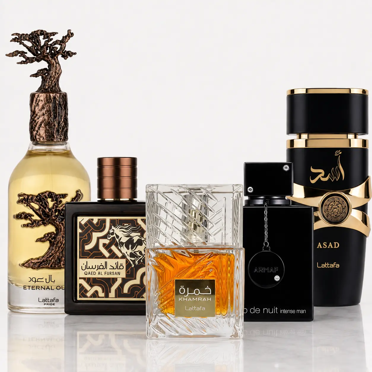 Lattafa Men's Floral Scents Gift Bundle --- ETERNAL OUD + KHAMRAH + CLUB DE NUIT INTENSE + QAED AL FURSAN UNTAMED + ASAD --- Men's Cologne, Elegant Alluring Fragrance for Father's Day Mens Gifts ---