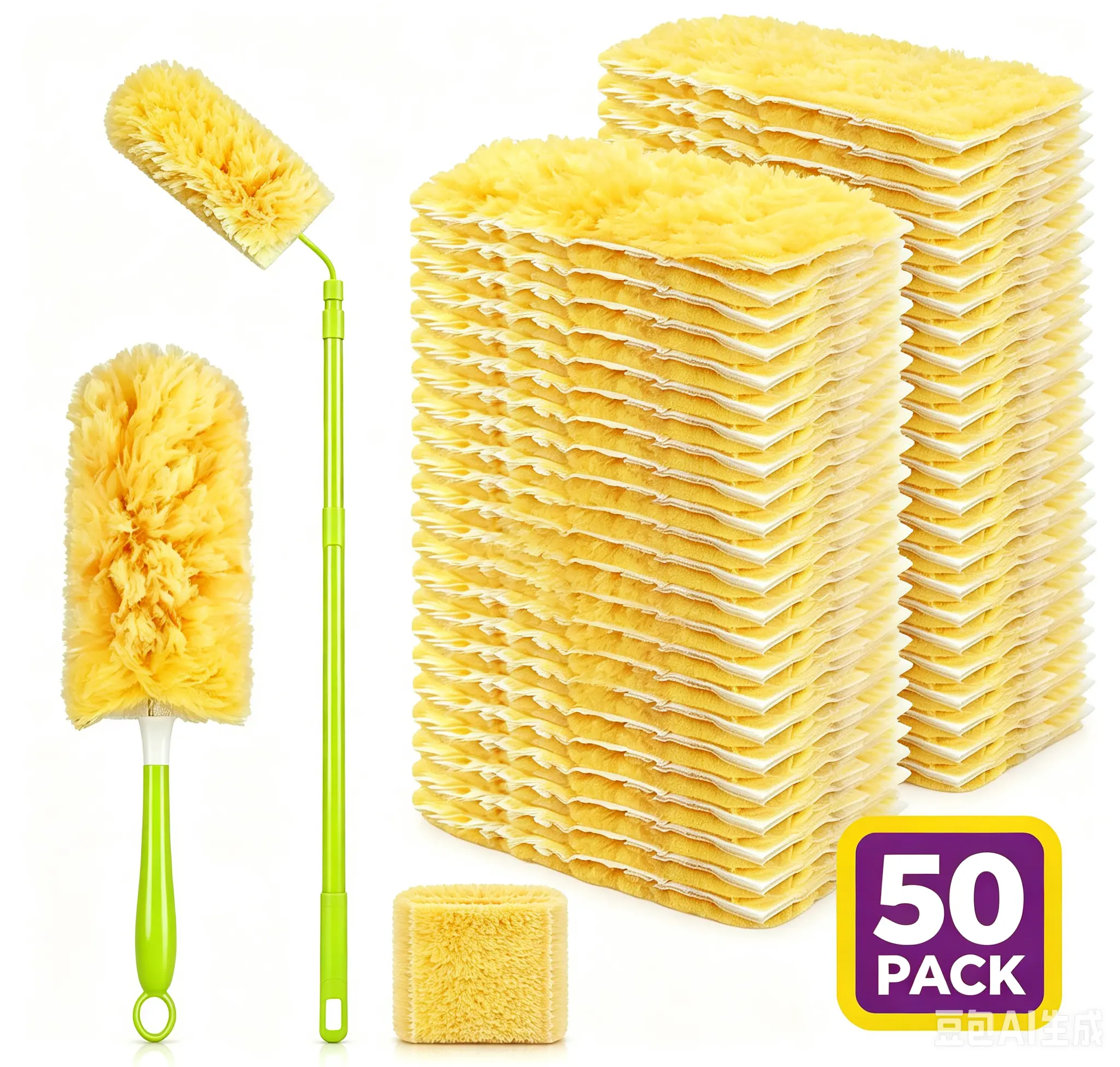 50 Count Heavy Duty Duster Compatible with Swiffer Duster, Disposable Microfiber Duster Refills with 1 Short Handle and 1 Extendable Handle