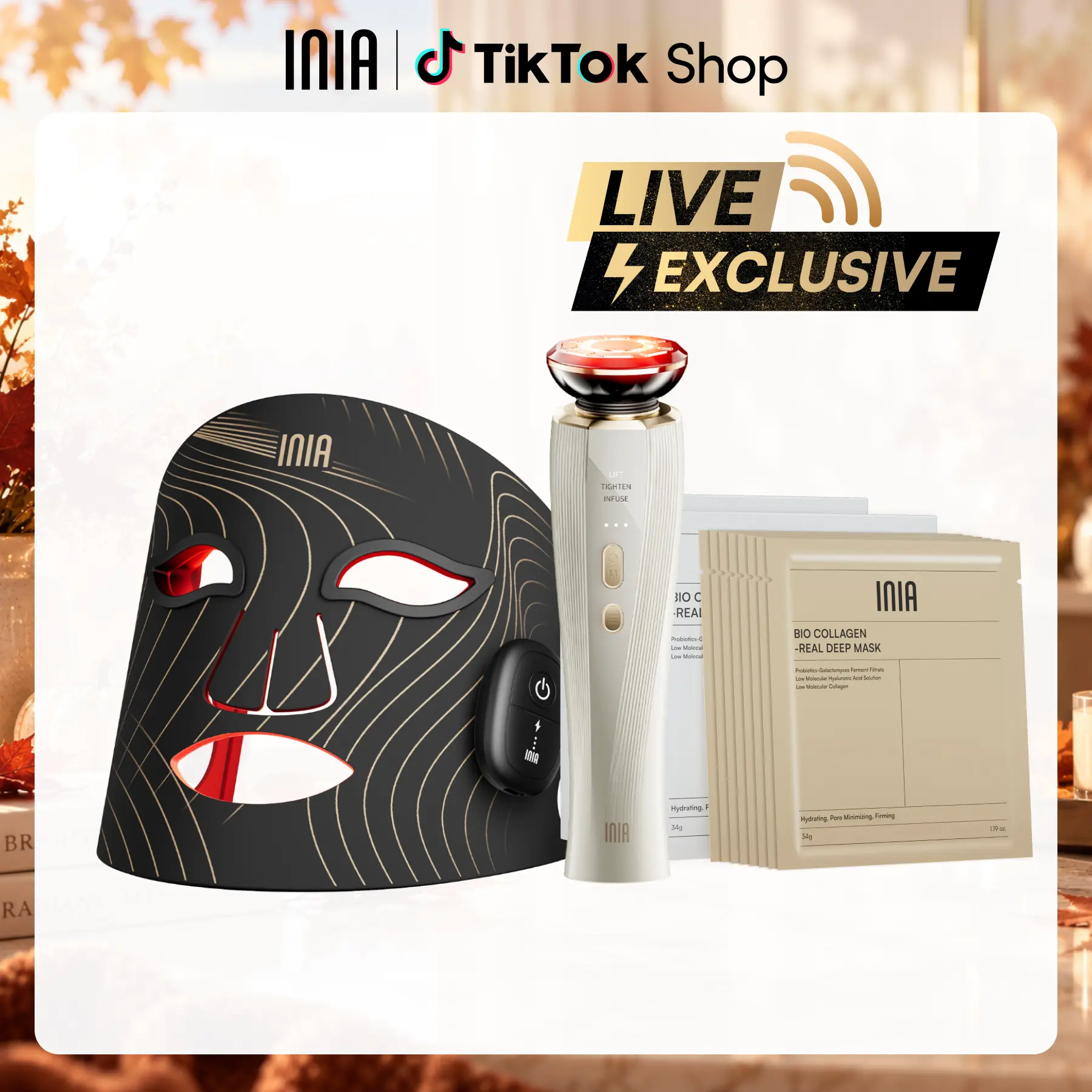 【LIVE EXCLUSIVE】INIA GLOW Wireless LED Mask, Perfect Gift Season Pick, Live Stream Only BUY 1 GET 10 with FLARE and 8pcs Collagen Real Deep Mask, Facial Light Therapy,sohochic