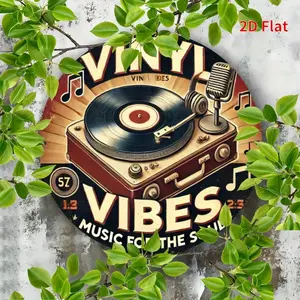 Vintage Record Player & Microphone Wall Art - VINYL VIBES Music Decor - Retro Vinyl Recording Studio Poster - Heavy-Duty Plaque - Easy Hang for Home, Bar, Cafe, Garage - No Wiring Needed - Ideal Gift for Music Lovers - 8x8 Inches (20x20cm)