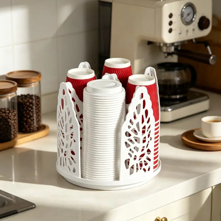 Multifunctional Cup Holder, 1 Count 4 Compartment Cup Dispenser, Space Saving Cup Storage Rack, Cup Organizer Cups & Lids Rotating Paper Cup Dispenser, Coffee Cup Dispenser Removable, Cup Storage & Lid Holder for Countertops, Kitchen, Coffee Stations