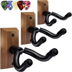 Guitar Wall Mount 3 Pack - Black Walnut Guitar Hanger with 5 count Picks for Acoustic, Electric, Bass, Banjo, Mandolin