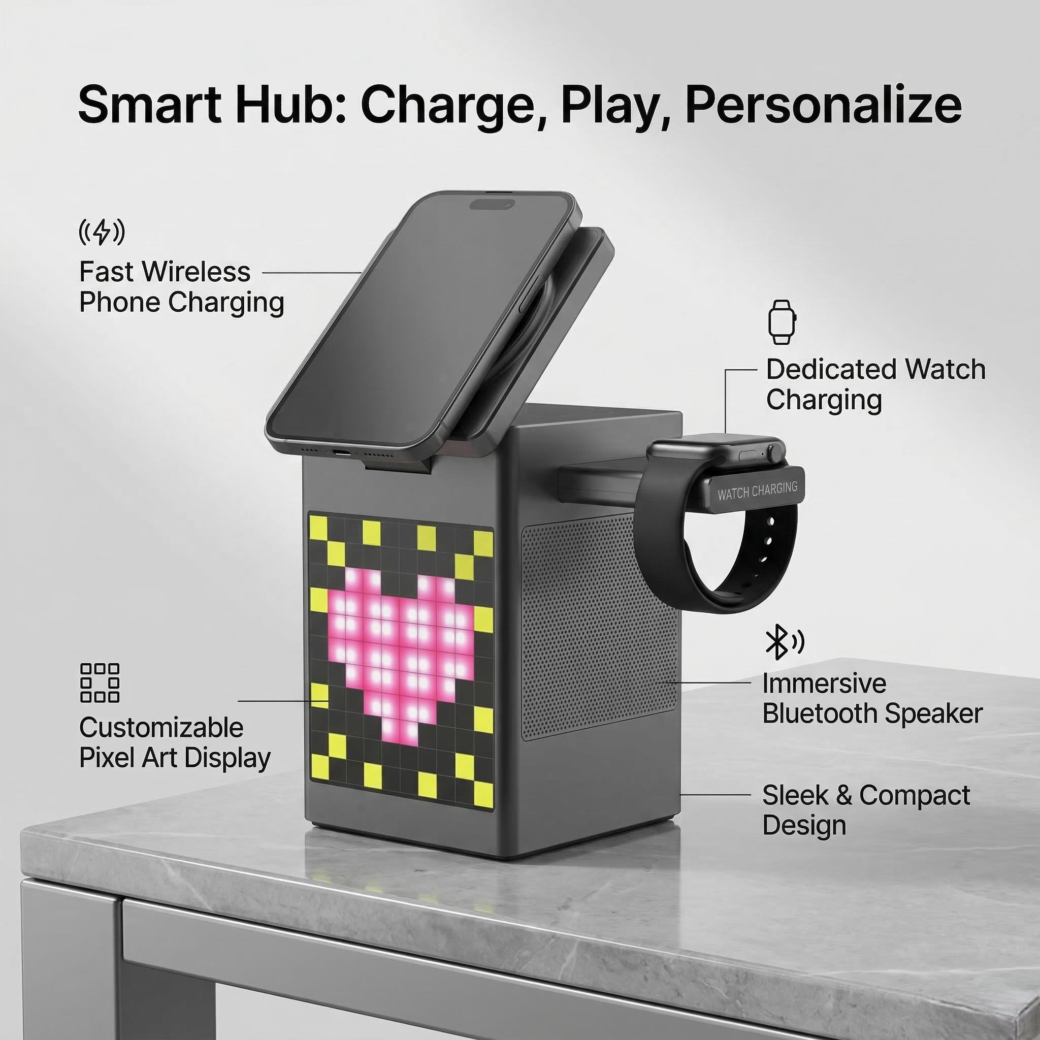 6-in-1 MagSafe-Compatible Magnetic Charger | with Clock & Pixel Display | Multi-Device Desktop Charging Station | Smart Travel Companion for March Madness, Spring Break, World Cup & Easter