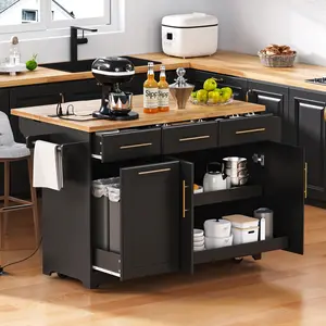 59.3" Kitchen Island with 2 Pull-Out Cabinet Organizers & Rubber Wood Drop Leaf, Rolling Storage Cart with Trash Can Cabinet, Power Outlet, Spice & Towel Rack for Kitchen & Dining