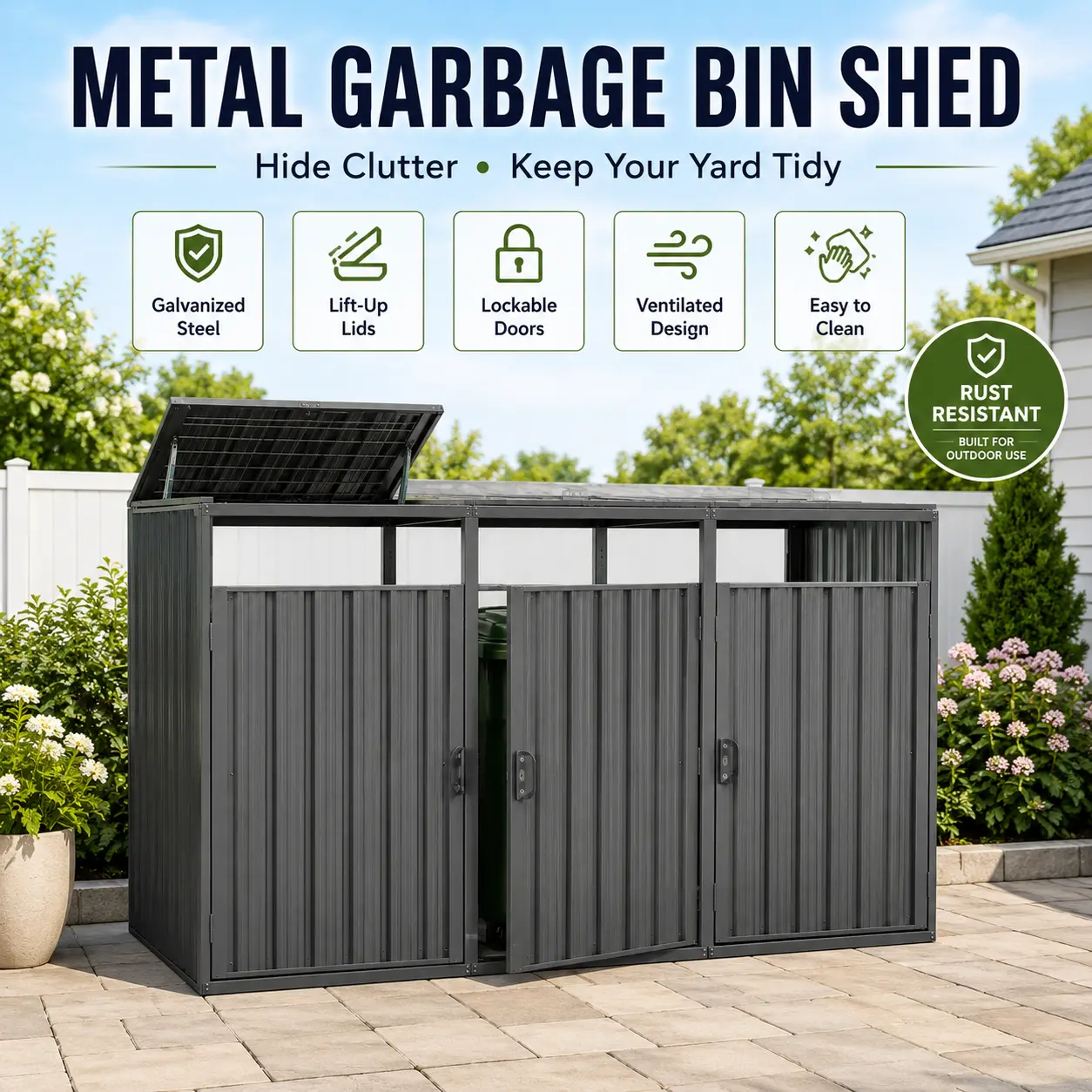 Outdoor Trash Can Storage Garbage Bin Shed for 3 Trash Cans Galvanized Steel Metal Waste Bin Enclosure Waterproof Backyard Hide Trash Cans Grey Lockable Patio Garden Storage Box Outdoor Yard Home Organization