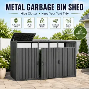 Outdoor Trash Can Storage Garbage Bin Shed for 3 Trash Cans Galvanized Steel Metal Waste Bin Enclosure Waterproof Backyard Hide Trash Cans Grey Lockable Patio Garden Storage Box Outdoor Yard Home Organization