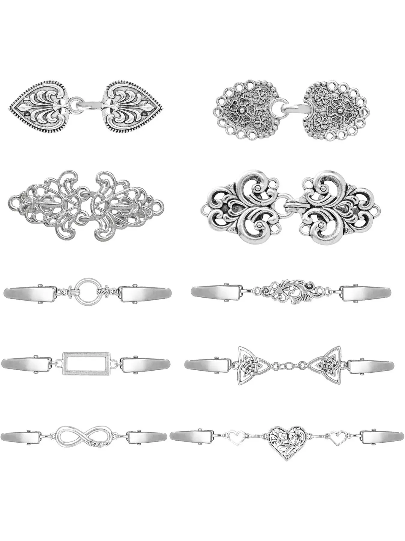 10Pcs Vintage Sweater Shawl Clips Retro Cardigan Swirl Cape Cloak Collar Clasps Hearts Flowers Geometric Patterns Brooches Dress Jackets Shirt Waist Cincher for Women Men Silver Plated Flower Brooch Pin Fashion Accessory