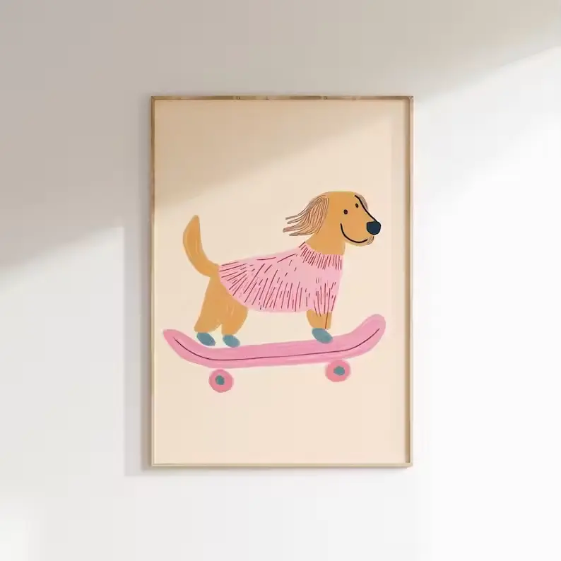 Skateboard Dachshund Wall Art, Pink Nursery Decor, Modern Kids Room Print, Boho Dog Poster, UNFRAMED