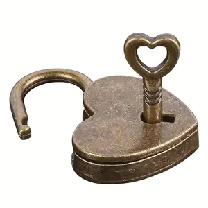 Vintage Heart Shape Mini Padlock, Antique Style Bag Travel Suitcase Luggage Box, Key Lock Wedding Jewelry Box Case, 1pc